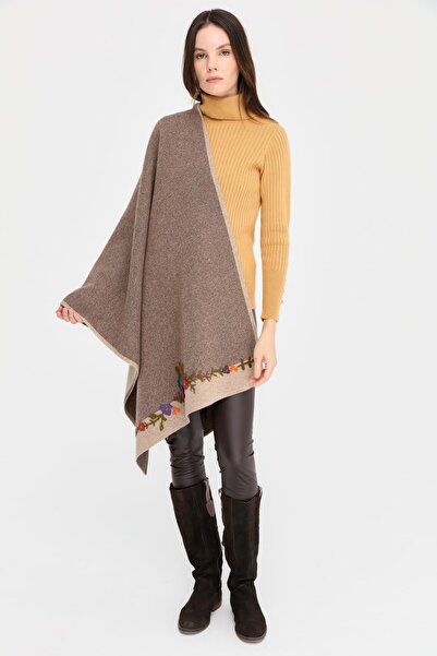 Desen Triko Beige Women's Wool Shawl - Two Sides Floral Embroidered