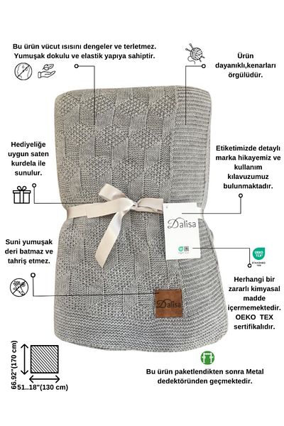 DALİSA Cups Labyrinth Pattern Knitwear Knitted Sofa Shawl Gray - 130x170