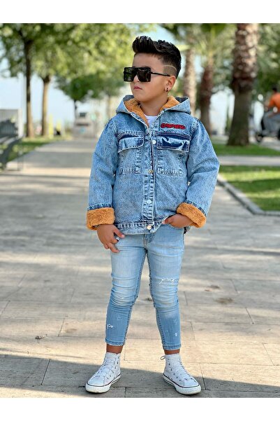 BERFONZO KIDS ERKEK Çocuk Kapşonlu Garfield Nakış Detay Welsoft Kot Mont Ceket