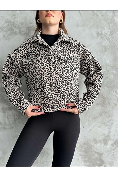PNR WOMAN kaşe leopar desenli robalı kısa ceket 24184