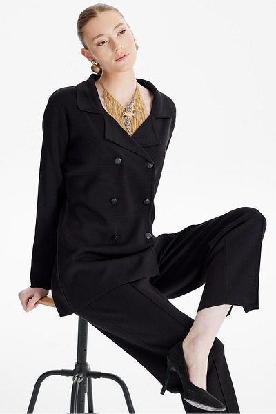 Tığ Triko Black Knitwear Double Breasted Jacket and Trousers Set