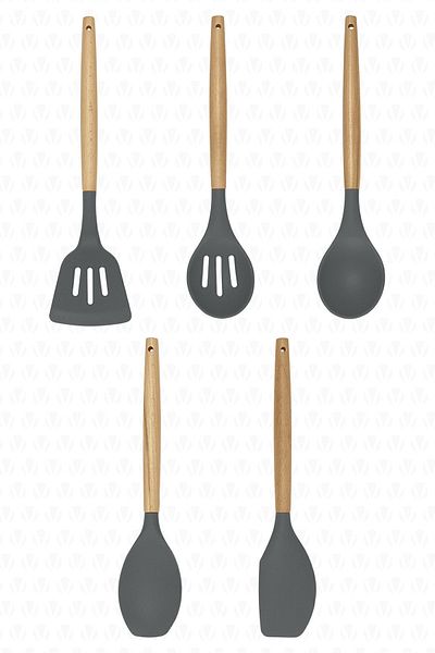 valletta Lingo Bamboo 5 Pieces Gray Silicone Kitchen Cooking Utensils Set