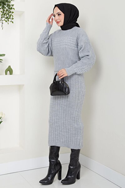 hafsamina Gray Knitted Patterned Gilet Blouse and Knitwear Set - Hm2559