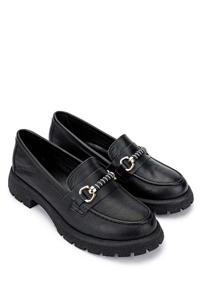 Tamer Tanca Women's Genuine Leather Black Leather Loafer Shoes