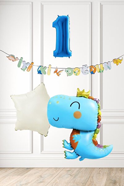 PEKSHOP Mavi Dinazor Tema Doğum Günü Balon Süsleme Seti Bannerlı Mavi Yaş Bal...