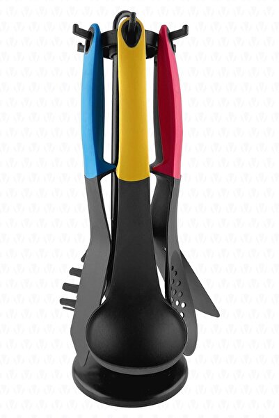valletta Vintage 7-Piece Kitchen Serving Set with Stand Silicone Colorful Ladle Set Serving Spoons