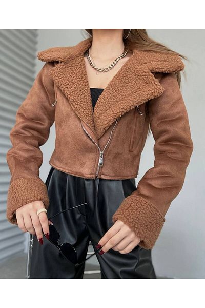 MAS BUTİK Women's Winter Teddy Detailed Short Suede Coat