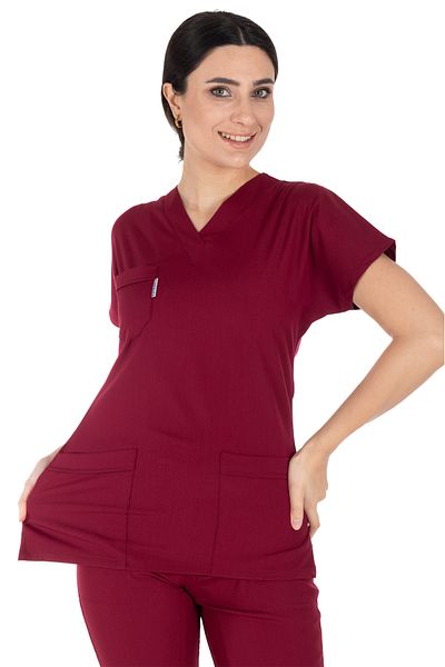 Alsancak Üniforma Claret Red Lycra Tesatura Subtire Scrubs Doctor Asistenta Jersey Maneca Liliac Costum Chirurgical