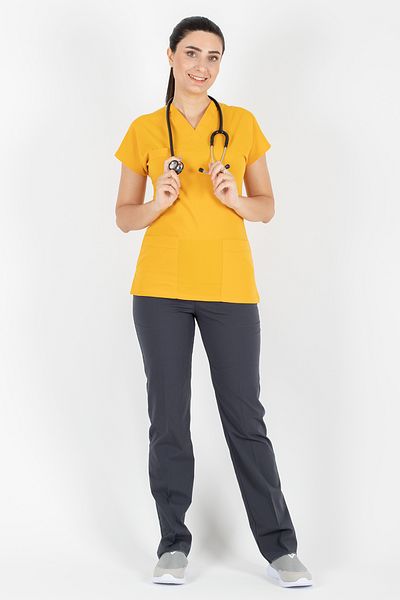 Alsancak Üniforma Muștar/antracit Lycra țesătură subțire Scrubs Doctor Nurse Jersey Costum de chirurgie cu mânecă liliac