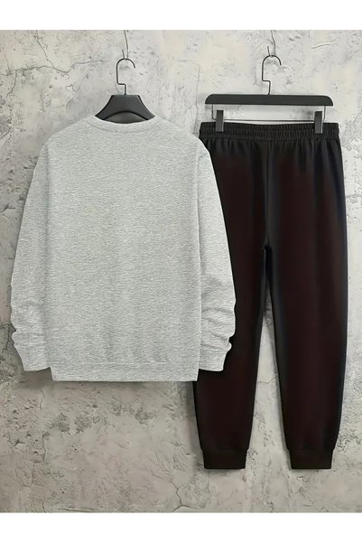 JENOLAN Men's Crew Neck Milano Printed Top and Bottom Black Tracksuit Set Oversize Unisex Boyfirend