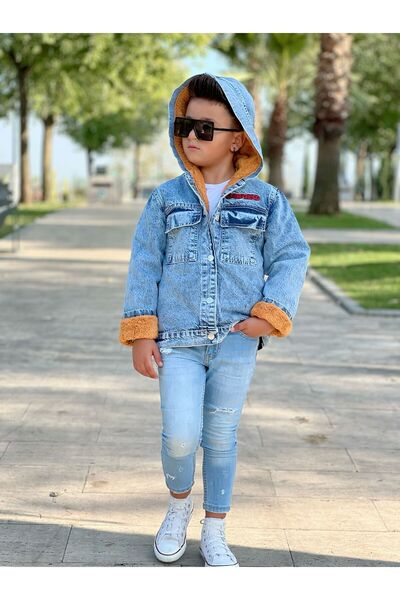 BERFONZO KIDS ERKEK Çocuk Kapşonlu Garfield Nakış Detay Welsoft Kot Mont Ceket