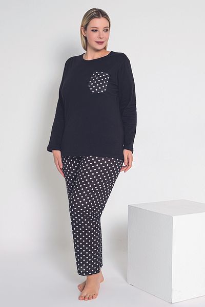 MyBen Black Polka Dot Patterned Long Sleeve Women's Pajamas Set - B-40