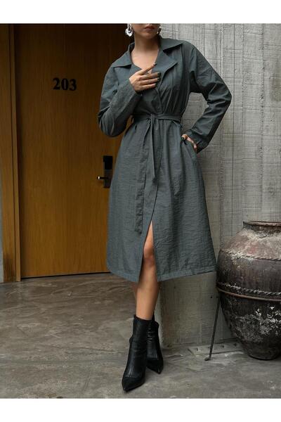 minaaise Kadın Haki Paraşüt Kumaş Astarsız Uzun Trençkot 28176