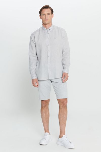 ALTINYILDIZ CLASSICS Men's Gray Comfort Fit Relaxed Cut 100% Linen Buttoned Collar Shirt