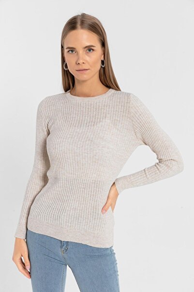 Miss Poem Crew Neck Ribbed Women's Basic Knitwear Sweater