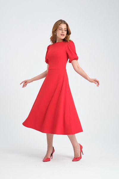 ESPİNA Women's Back Zippered Watermelon Sleeve Midi Length Crepe Dress