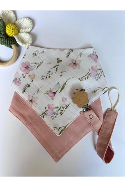 sbbaby Müslin % 100 Organik Bebek Önlük (Yakalık)Ahşap Klipsli Emzik Askısı 3'lü