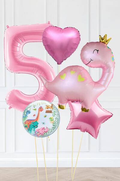 PEKSHOP Pembe Dinazor Balonlu Kız Doğum Günü Balon Süsleme Seti Bannerlı Büyü...