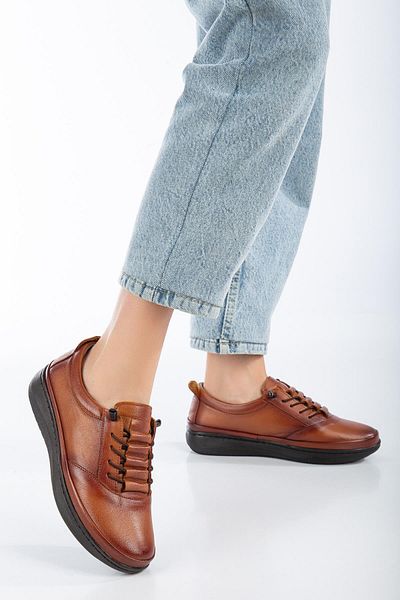 Dilimler Ayakkabı Genuine Leather Elastic Laced Tan Women's Orthopedic Casual Shoes