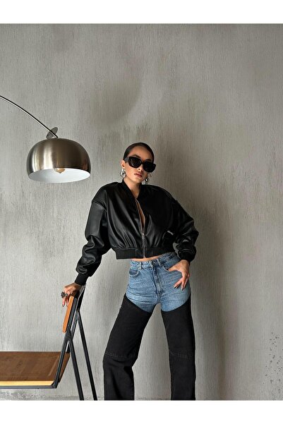 minaaise Γυναικείο δερμάτινο μπουφάν Bomber με μαύρη επένδυση 28082