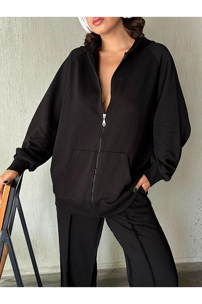 minaaise Hanorac negru oversize unisex cu glugă - cu fermoar 28178