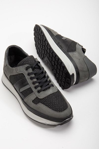 Dilimler Ayakkabı Gray Men's Casual Shoes - Genuine Leather, Linen Material, Poly Sole, Lace-up