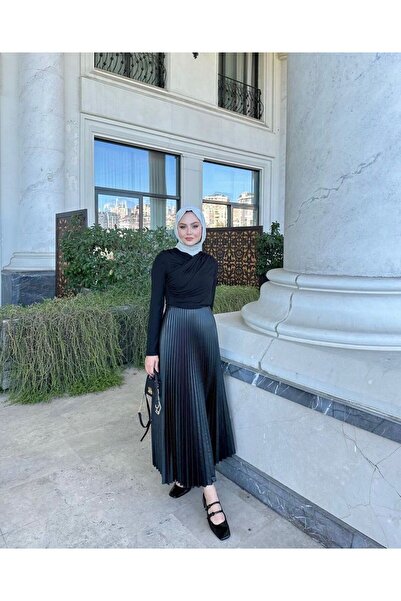 SIMO CLUB Deri Görünümlü Piliseli Etek