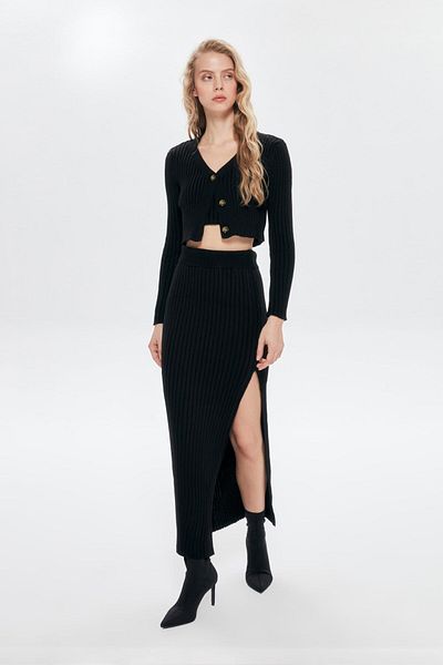 Quzu Black Skirt and Cardigan Set