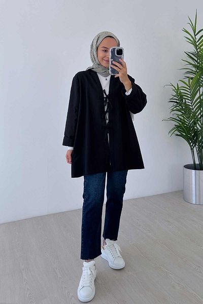 Ka Hijab كيمونو جبردين برباط أمامي - أسود