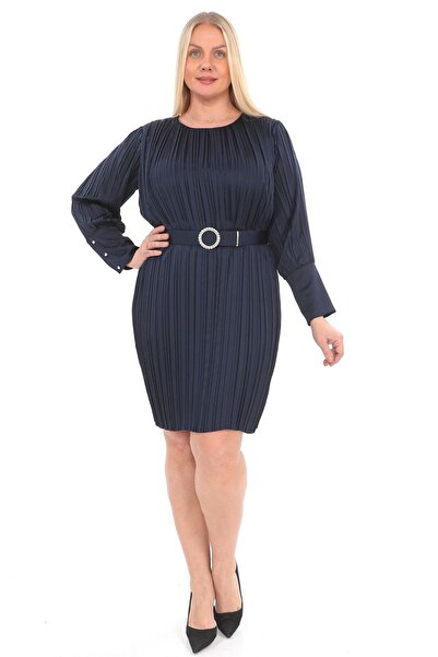 etselements Βραδινό φόρεμα από σατέν με πλισέ ζώνη και φόδρα Ets6052-σκούρο μπλε