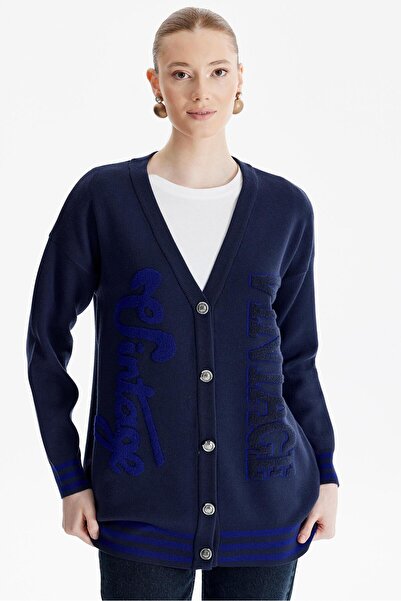 Tığ Triko Kabartma Yazılı Triko  Hırka LACİVERT