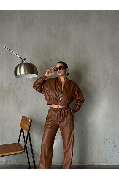 minaaise Γυναικείο δερμάτινο μπουφάν Bomber με επένδυση καφέ 28082