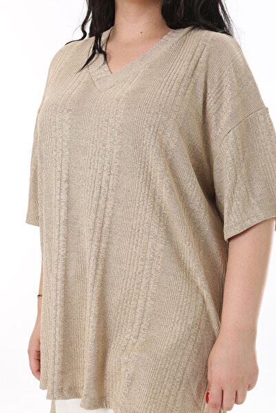 Şans Πλεκτά βιζόν Μπλούζα μεγάλου μεγέθους ριγέ μακριά πλάτη - 65n38213