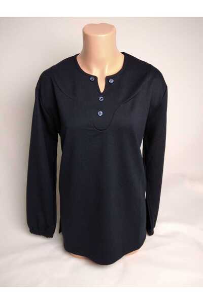 YAŞAR TRİKO Women's Navy Blue Pear Collar Four Button Long Sleeve Ankle Elastic Slit Two Thread Blouse T-Shirt