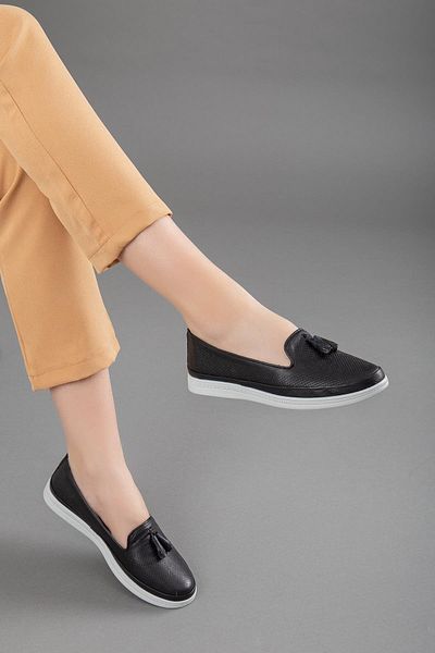 Dilimler Ayakkabı Genuine Leather Tasseled Printed Black Women's Casual Shoes
