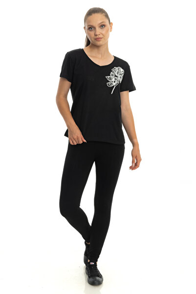 M MOONCOVER Nakış İşlemeli Gül Desen Siyah  V Yaka   Tişört %100 Pamuk