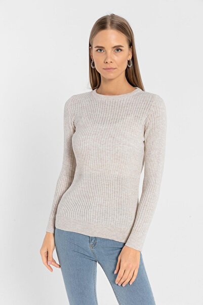 Miss Poem Crew Neck Ribbed Women's Basic Knitwear Sweater