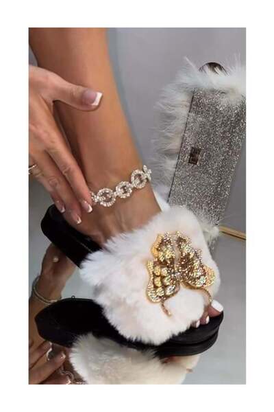 Giydim Gidiyor Butterfly Gold Kelebekli Pofidik Terlik Beyaz