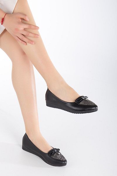 Dilimler Ayakkabı Skin Bow Stone Detailed Black Women's Ballerinas