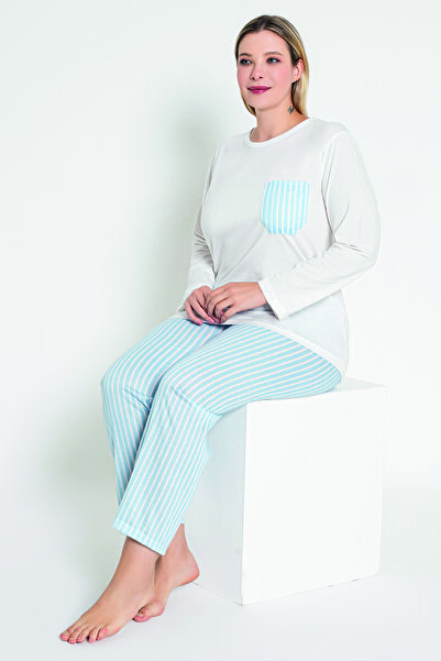 MyBen Ecru and Blue Striped Long Sleeve Women's Pajama Set - B-41