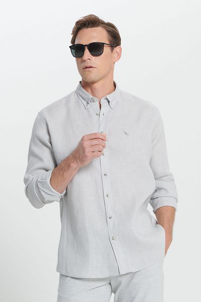 ALTINYILDIZ CLASSICS Men's Gray Comfort Fit Relaxed Cut 100% Linen Buttoned Collar Shirt