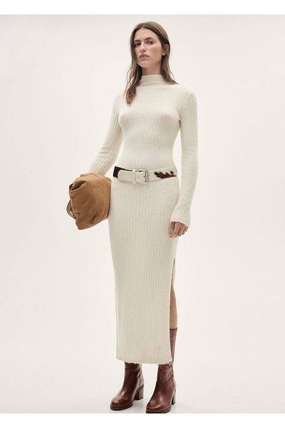 MANGO Woman Geripptes Strickkleid mit Schlitz