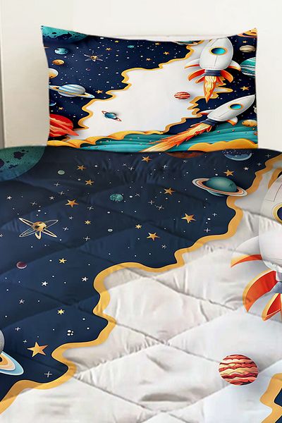 Else Dekor Spaceship Galaxy Patterned Boy's Single Quilted Quilt Pillow with Case