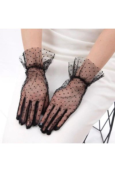 KAYAMU Short Length Laced Black Polka Dot Tulle Gloves Black Color (K0)