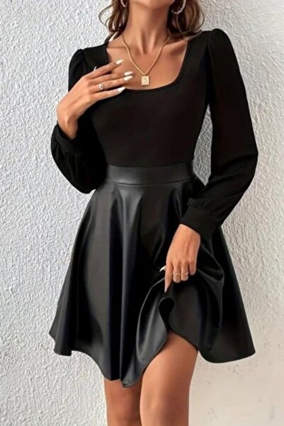 Mossta فستان جلد تنورة ليلي أسود