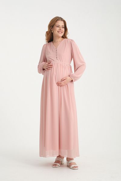 KATLİN MATERNİTY WEAR فستان شيفون للحمل - دانتيل الخصر وتفاصيل أزرار (للرضاعة)