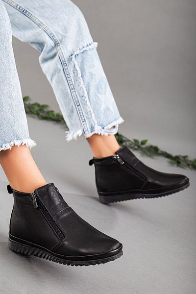 Dilimler Ayakkabı Genuine Leather Zippered Flat Sole Black Women's Boots