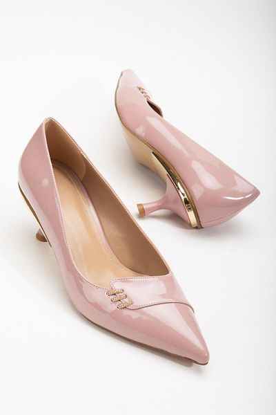 Dilimler Ayakkabı Patent Leather Stone Large Size - Side-faced Powder Women's Short Heeled Shoes