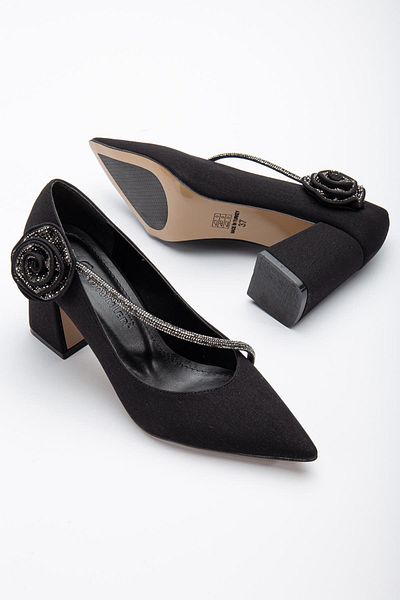 Dilimler Ayakkabı Satin Cross Stone Detailed Black Women's Thick Heel Stiletto