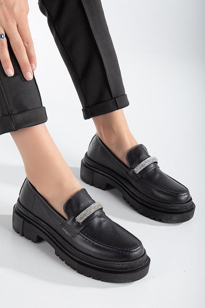 Dilimler Ayakkabı Thick Sole Stoned Black Women's Loafer Casual Shoes